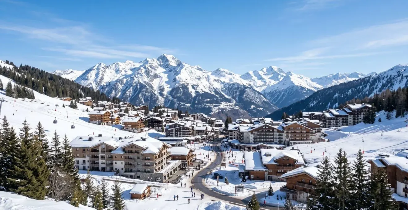Vue panoramique d'un village de Courchevel en hiver sous un ciel bleu éclatant, architecture alpine moderne et montagnes enneigées en arrière-plan