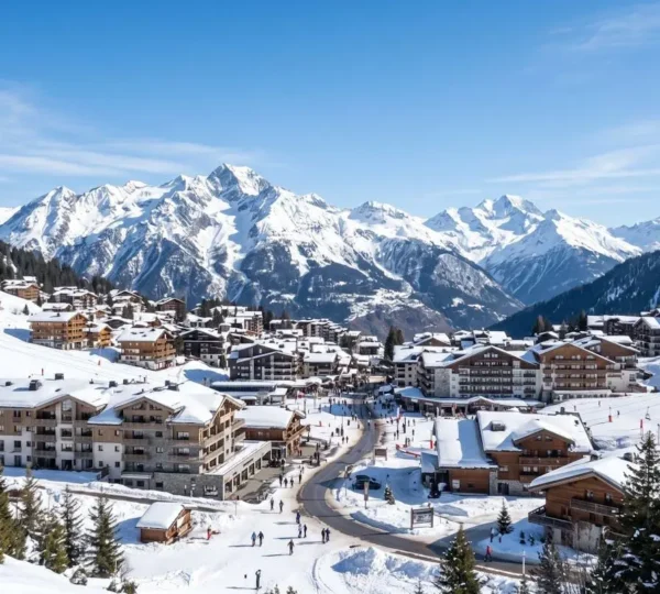 Vue panoramique d'un village de Courchevel en hiver sous un ciel bleu éclatant, architecture alpine moderne et montagnes enneigées en arrière-plan