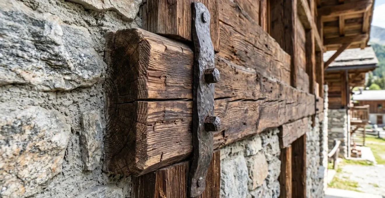 Gros plan sur un détail architectural en bois ancien d'un chalet savoyard traditionnel avec texture visible et arrière-plan flouté