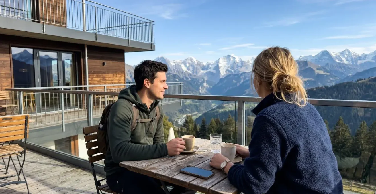 Personnes de dos sur une terrasse de chalet moderne profitant du soleil d'hiver avec vue sur les montagnes enneigées